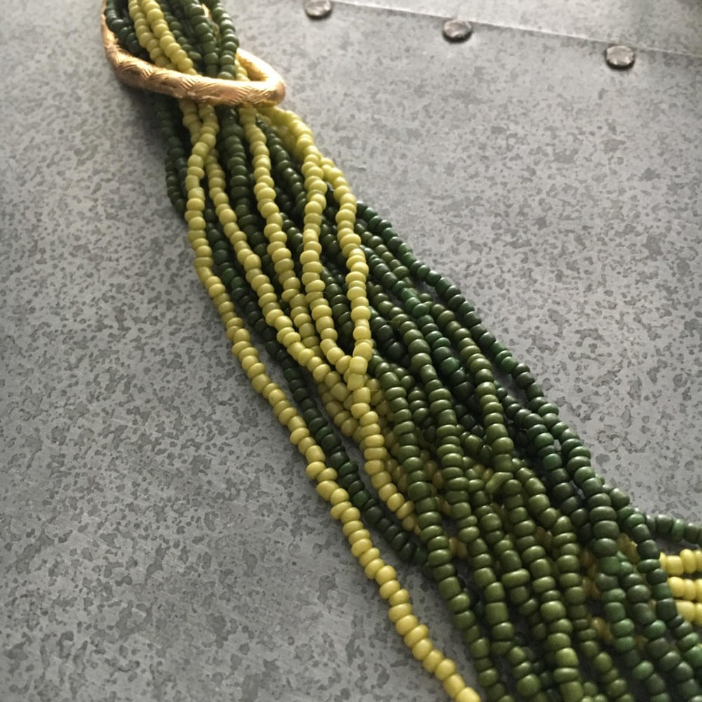 Green Drapey Beaded Necklace on Large Gold Loops - Picture 4 of 4